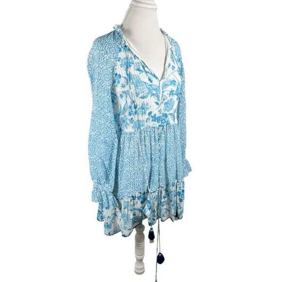 Hemant & Nandita Kaiyo Blue Floral Mini Dress Tassel Ties Boho Peasant Size XS - Picture 3 of 12